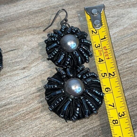 Beaded earrings women’s 3 inch drop dangle black gray stacked button bohemian - Picture 4 of 6